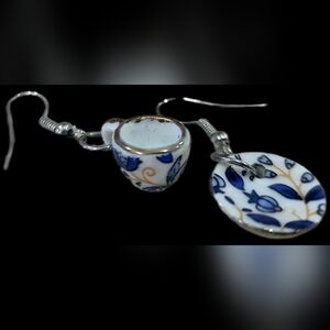 Elegant Blue and Gold Teacup Earrings